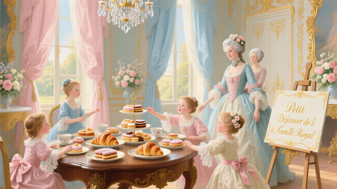 A royal family’s breakfast room with children reaching for pastries  