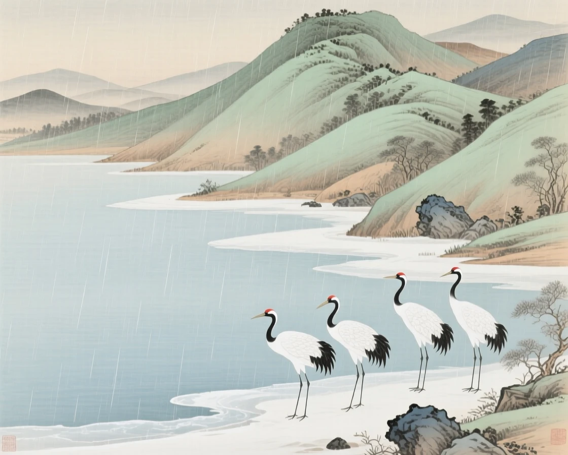 A frozen lake with cranes standing at its edge, gentle rain falling over the layered hillsides