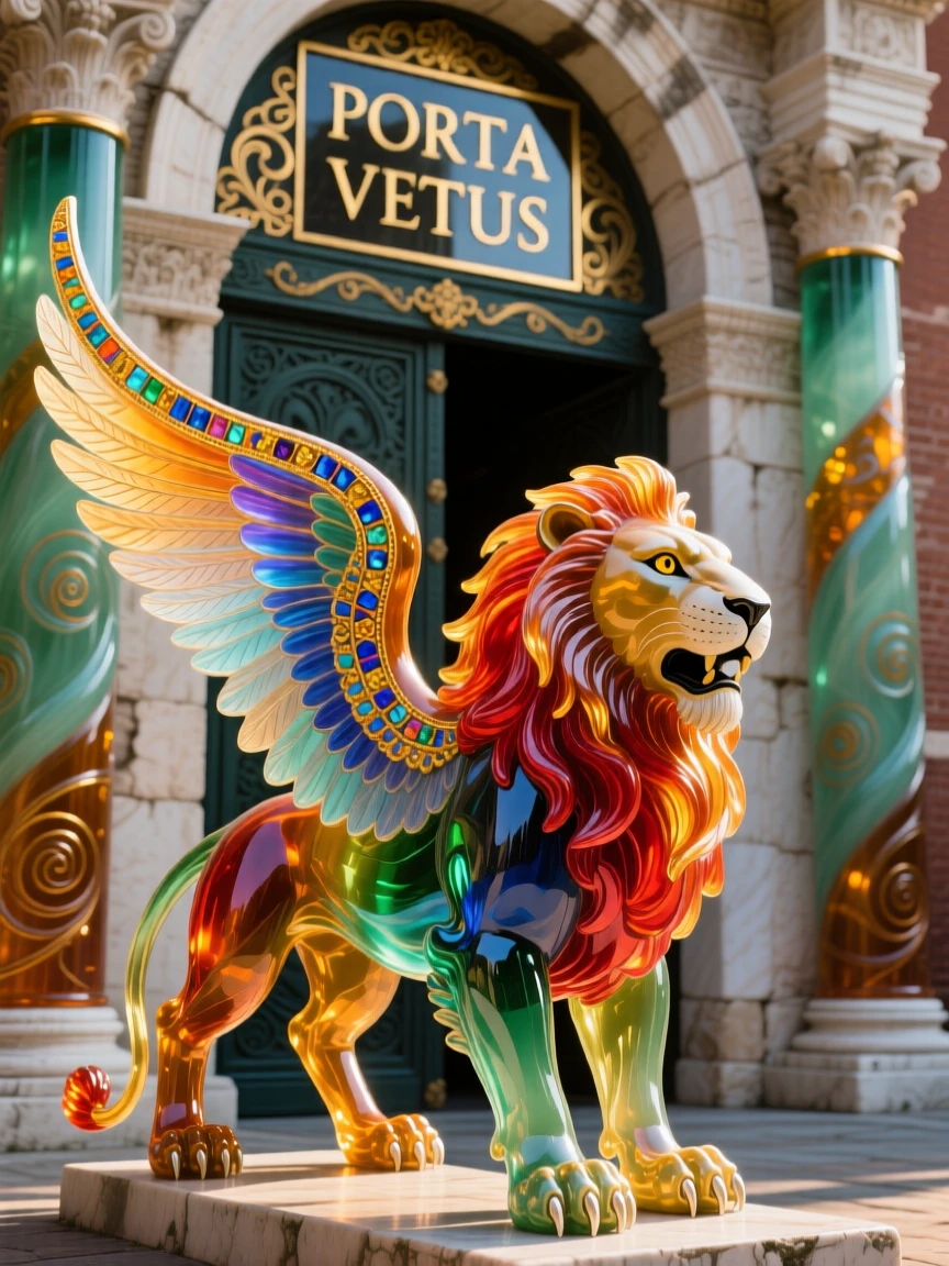 A winged lion standing guard before an ancient temple gate, noble and powerful.