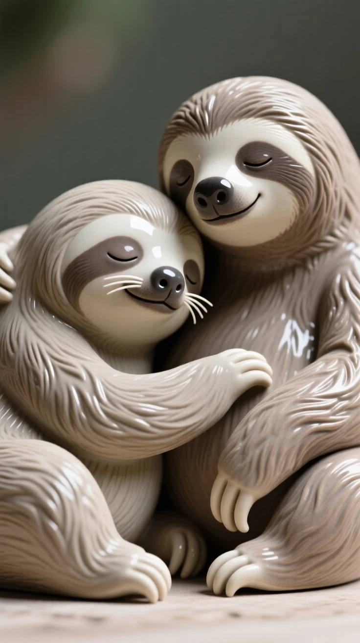 A napping sloth nuzzling gently against its companion, with delicate whiskers catching the light, filling the scene with playful, heartwarming charm.