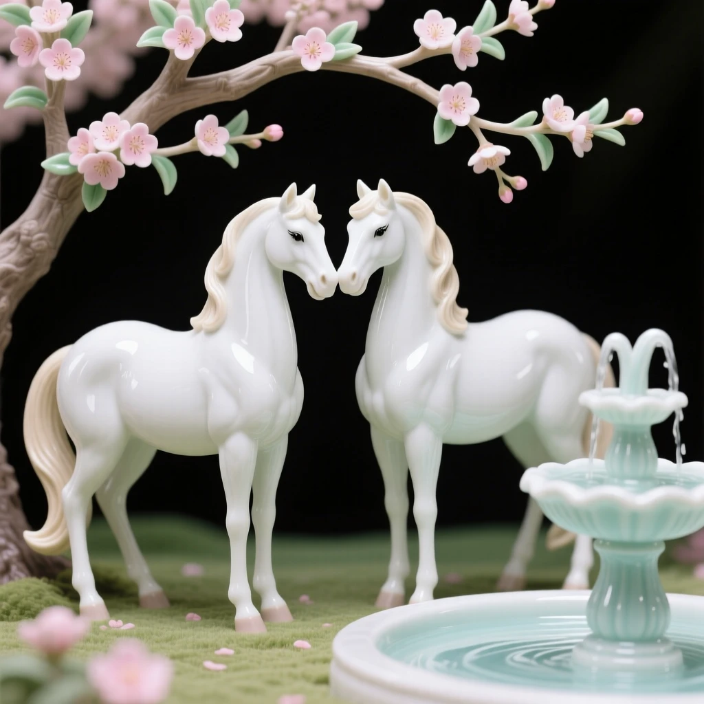 A pair of horses nuzzling gently beneath a blossoming tree beside a quiet garden fountain.