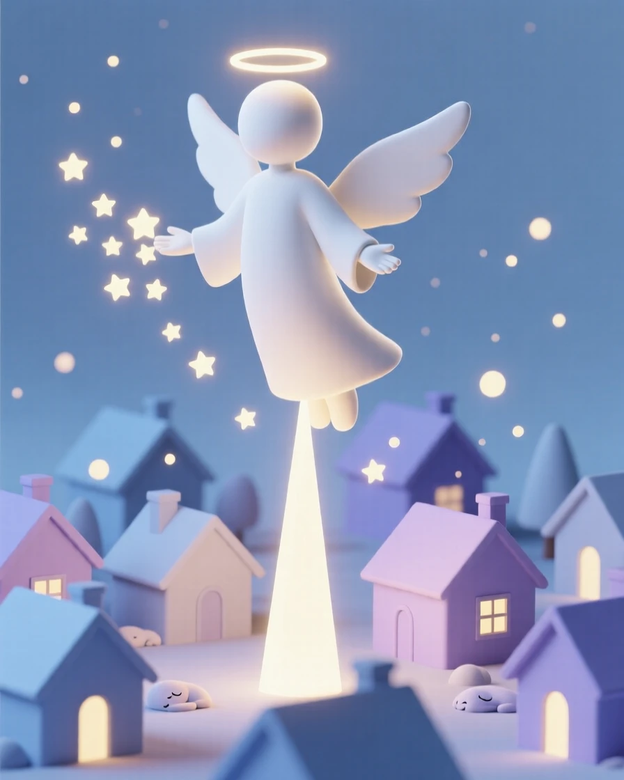 A radiant celestial being descends on a beam of starlight, scattering tiny glowing stars across a sleeping village.