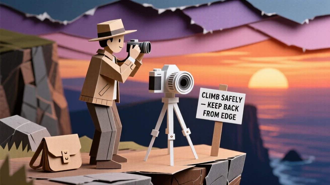 A photographer capturing a dramatic sunset from a cliffside overlook, camera equipment neatly arranged beside them, evoking artistic pursuit of the perfect shot.