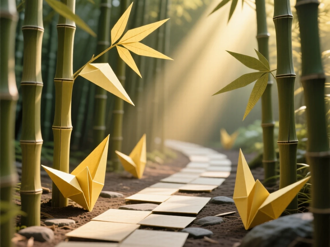 A tranquil bamboo forest path where light filters through in narrow golden beams.