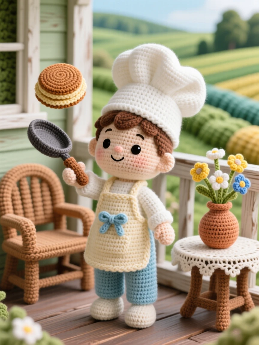 a small boy chef, wearing a tall white hat slightly too big for him, flipping a pancake high in the air, in a rustic farmhouse porch overlooking rolling fields, with a small vase of wildflowers on the table nearby, conveying a nostalgic, storybook warmth.