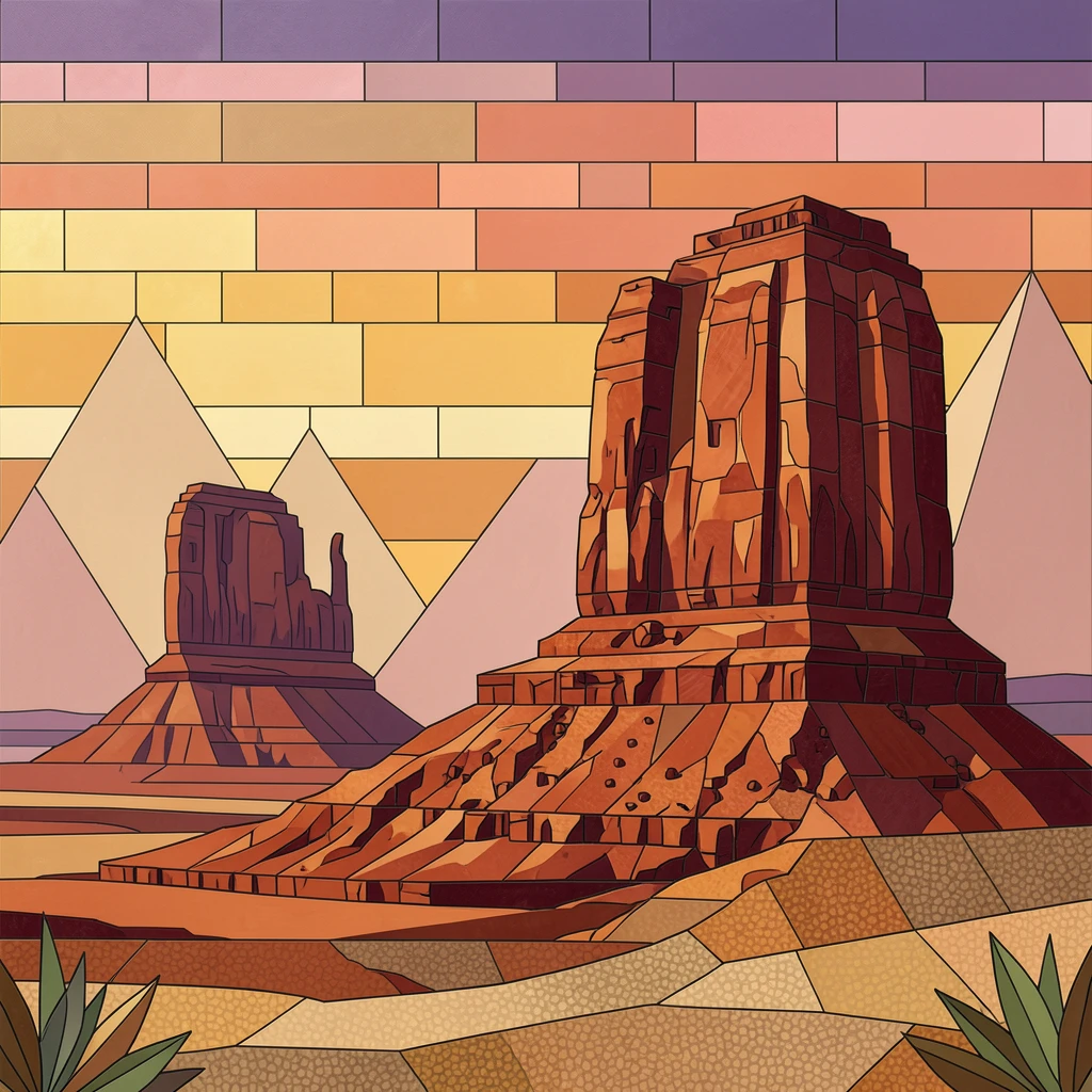 A breathtaking wide-angle view of the towering red rock formations of Monument Valley at sunset, with rich warm lighting and fine architectural detail.