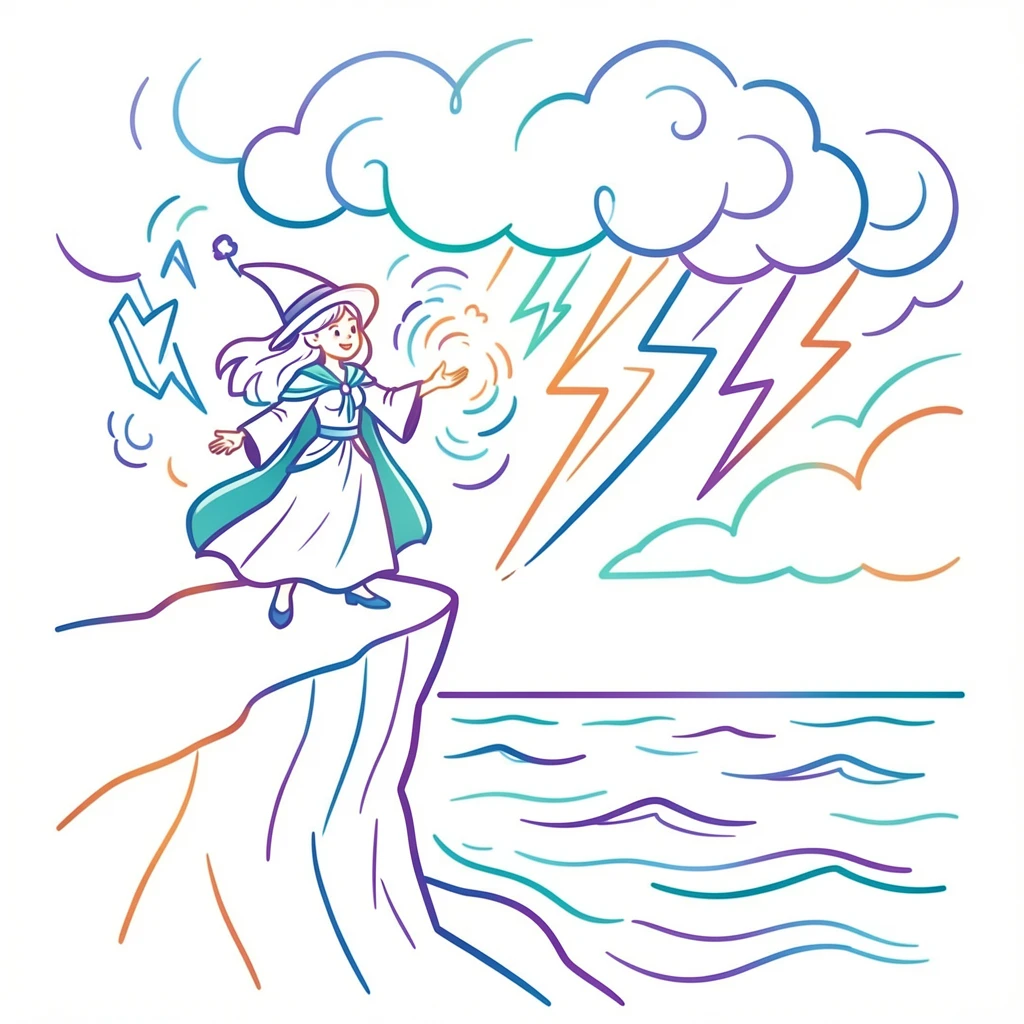 A sorceress standing atop a cliff summoning a storm over the sea.