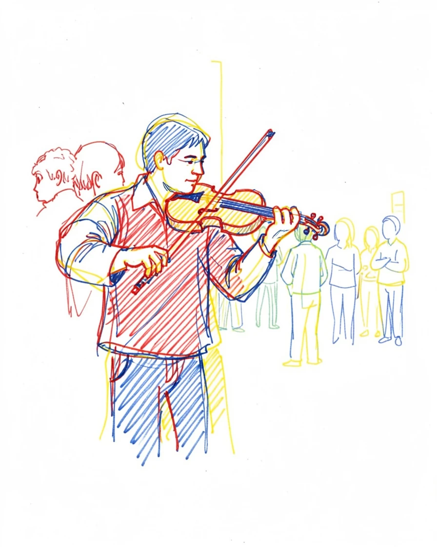 A street musician playing a violin for a small gathered crowd