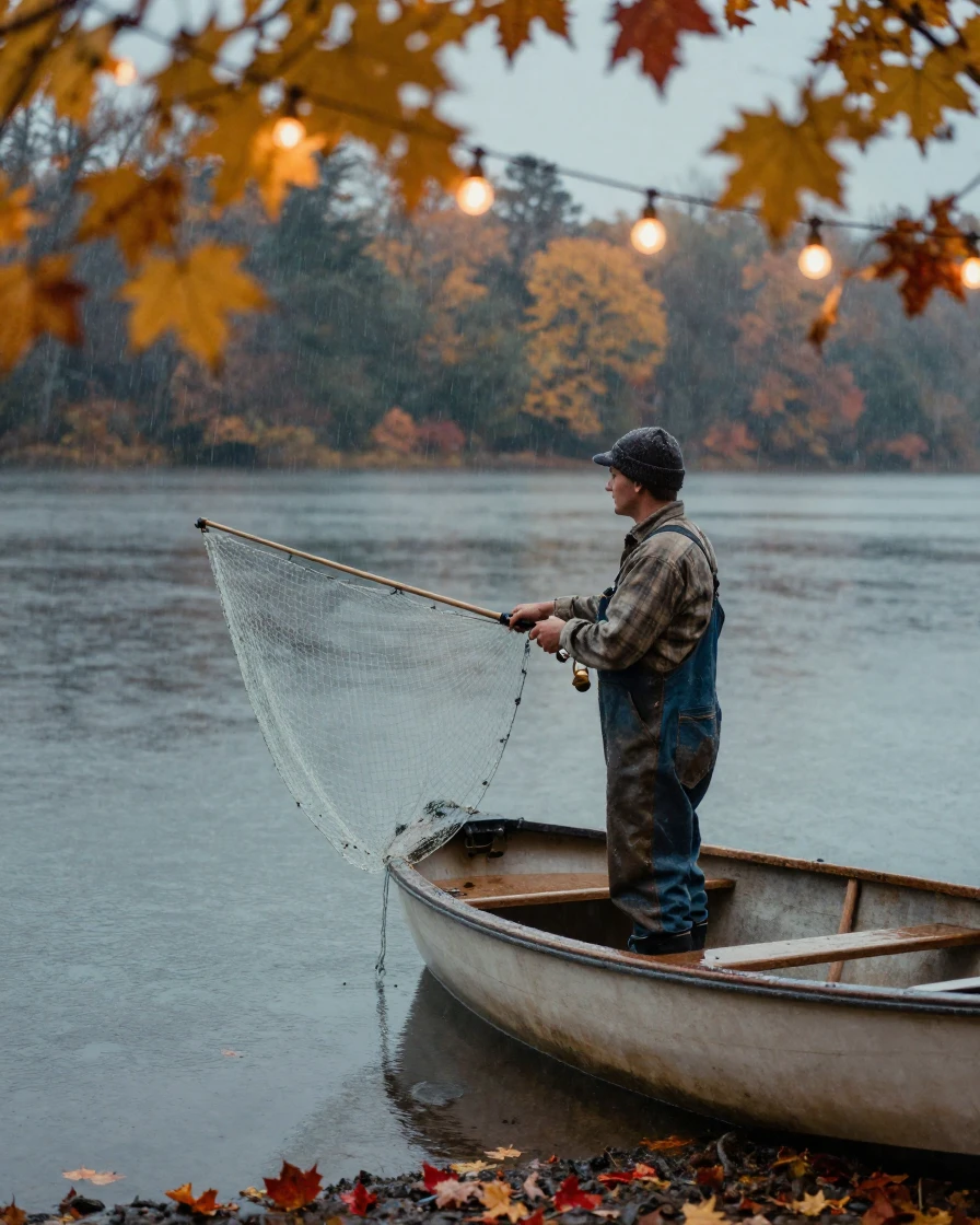 A fisherman casting a net from the bow of a small boat, under strings of warm string lights, under a light drizzle, as autumn leaves turn gold and red, in cool blues and silvery greys, peering through foliage in the foreground.