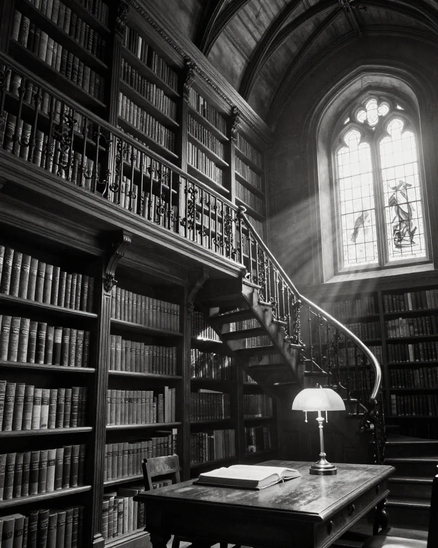 A grand old library houses centuries of forgotten books in a centuries-old university town.