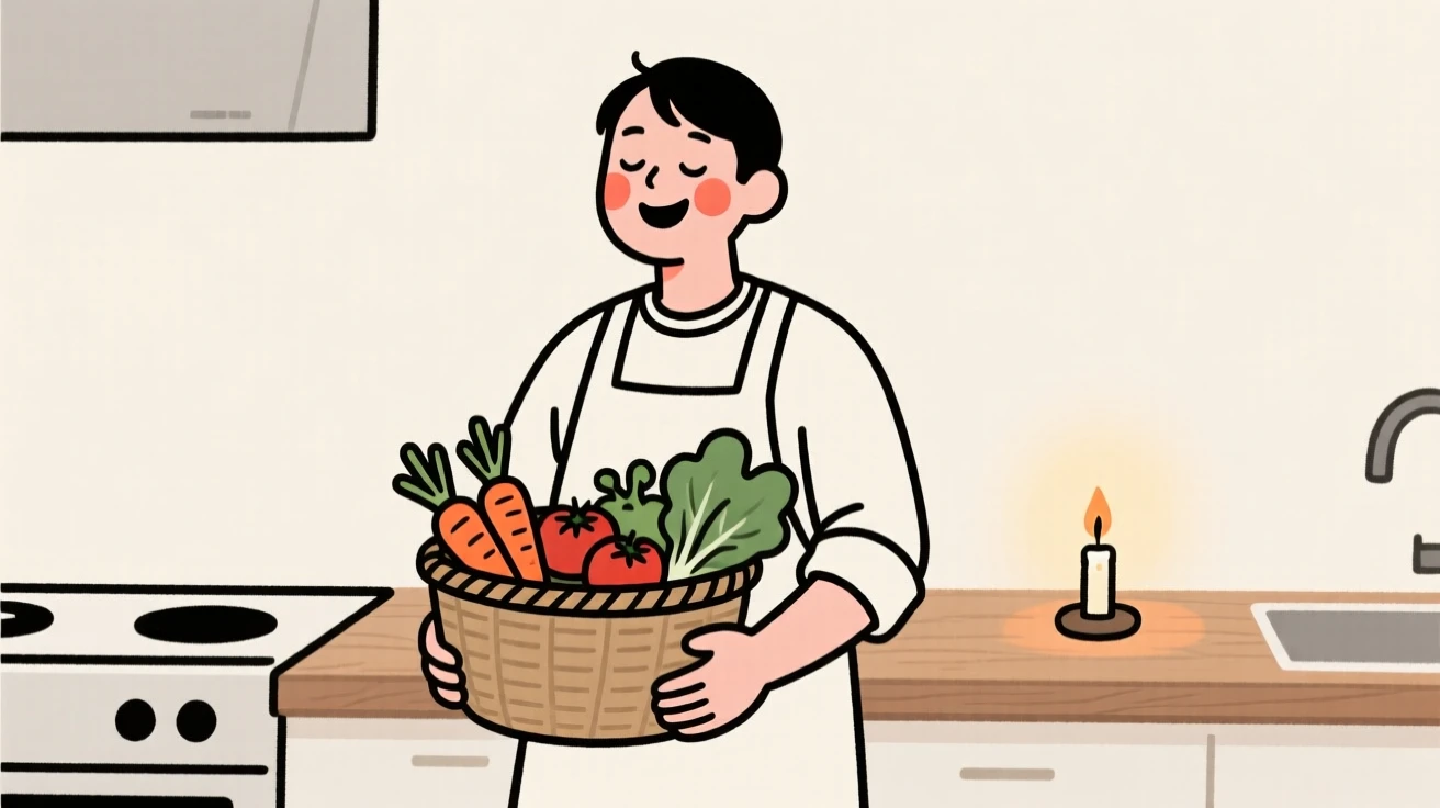 A farmer holding a basket of vegetables, laughing with eyes closed, in a cozy candlelit kitchen.