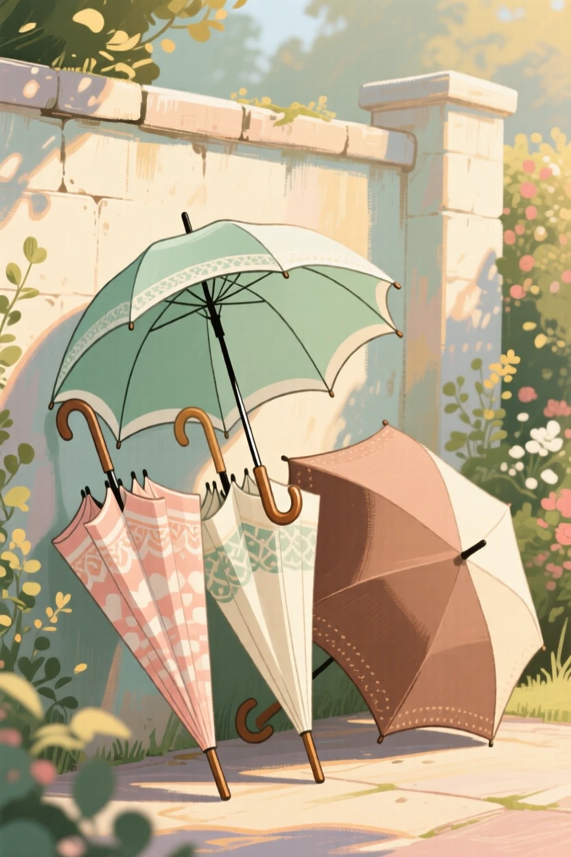 A set of decorative umbrellas leaning against a garden wall