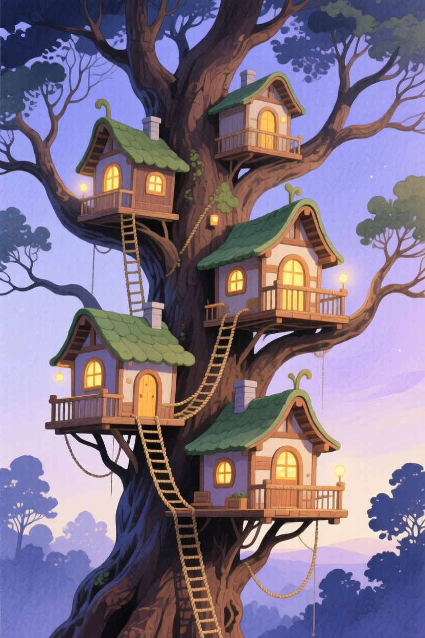 A dreamlike scene of a treehouse village, dotted with tiny glowing windows, inviting quiet wonder and imagination