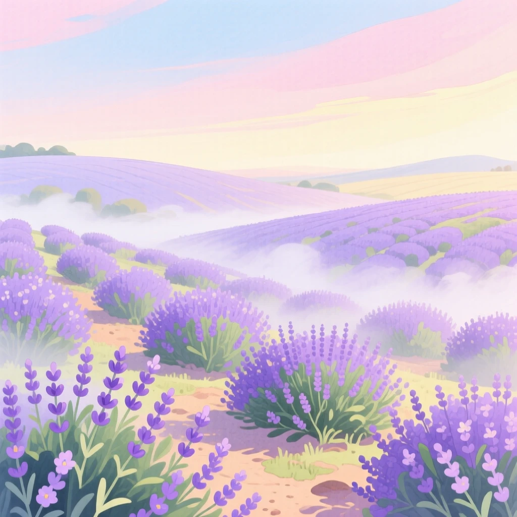 Rolling lavender fields stretching to a pastel horizon, with gentle mist rolling low across the ground, radiating natural splendor and tranquility.