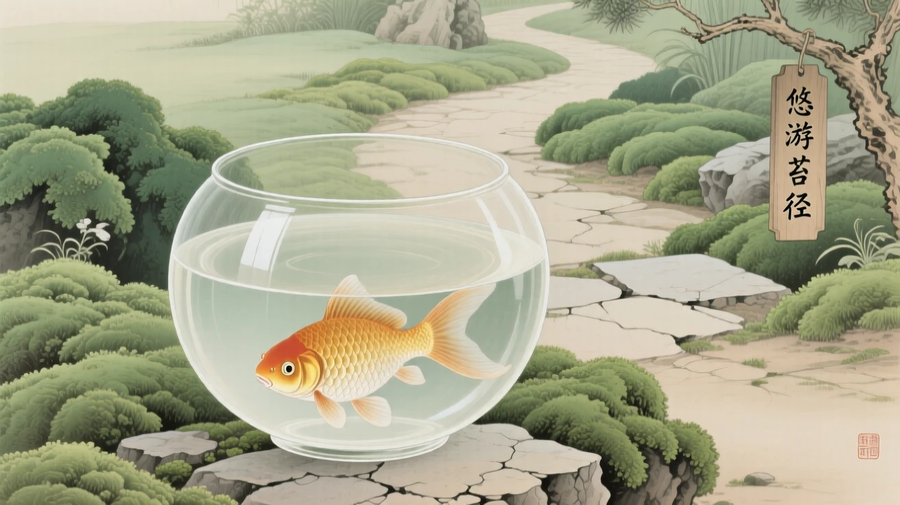 A goldfish in a round bowl exploring a moss-covered garden path
