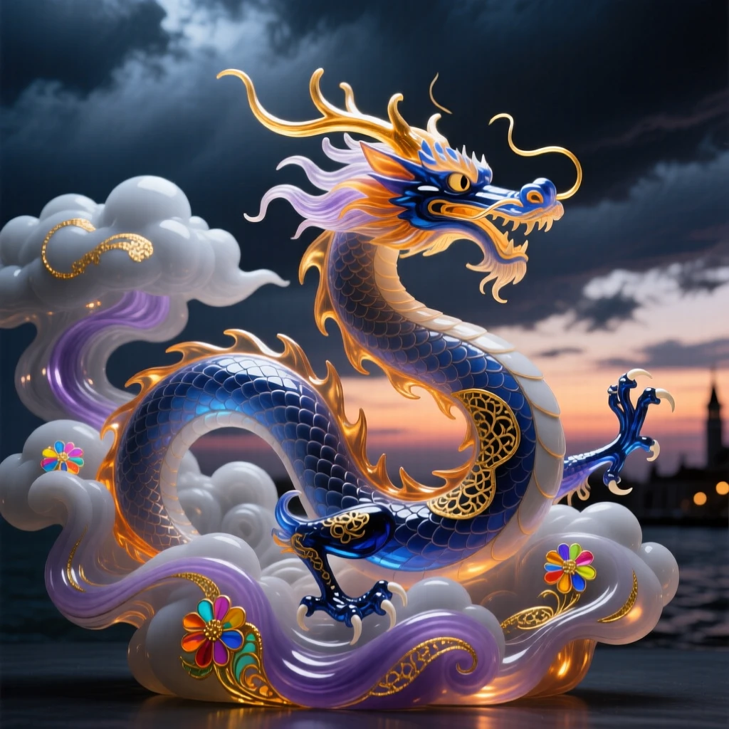 A cloud dragon weaving through billowing storm clouds at dusk, majestic and dynamic.
