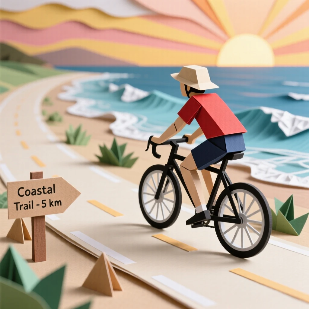 A cyclist riding along a scenic coastal road at sunrise, ocean waves crashing beside the winding path, evoking freedom and active adventure.