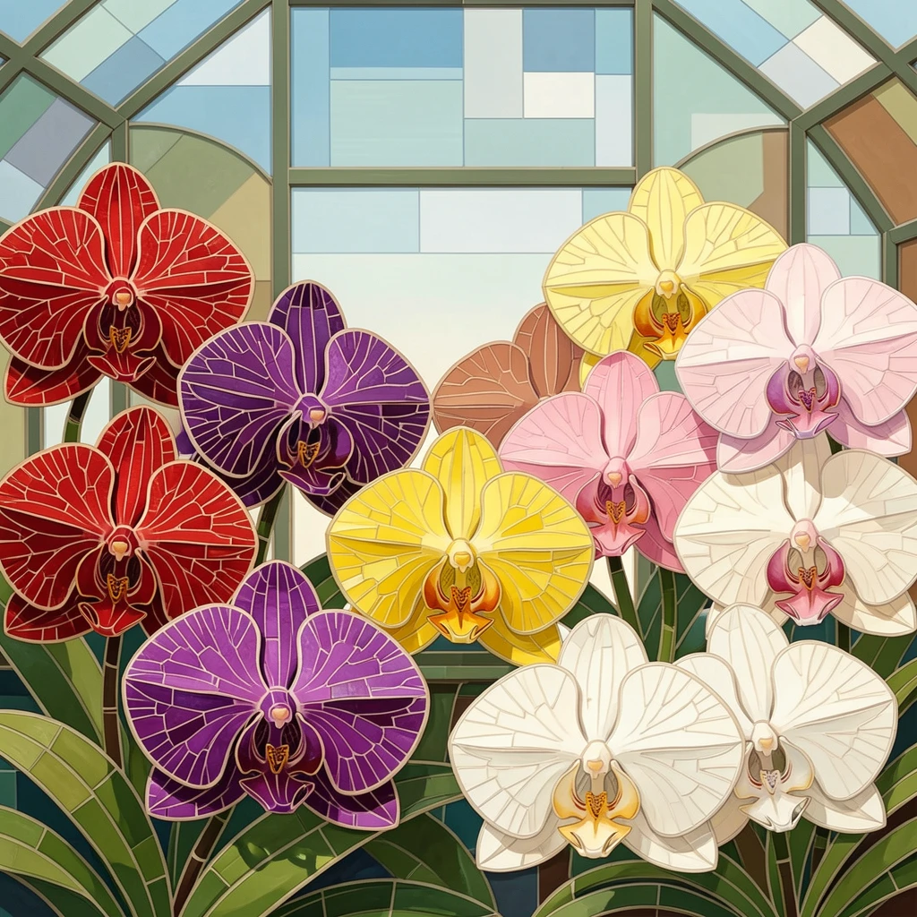 A close-up macro view of a greenhouse filled with exotic orchids in every color, showing intricate petal texture and delicate detail.