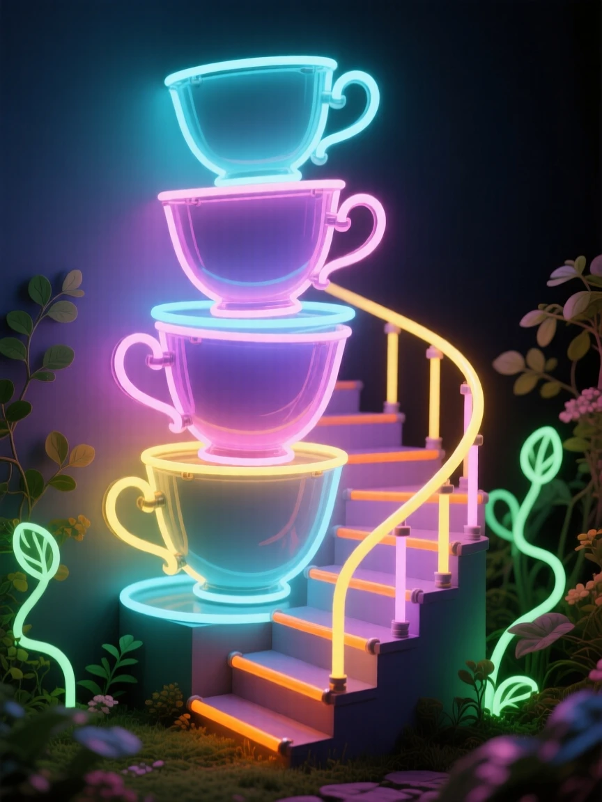 A stack of teacups forming a small winding staircase in a garden.