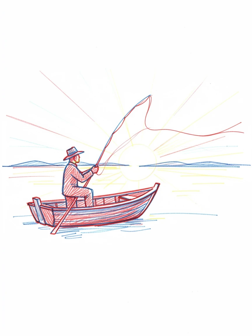 A fisherman casting his line from a small wooden boat at sunrise
