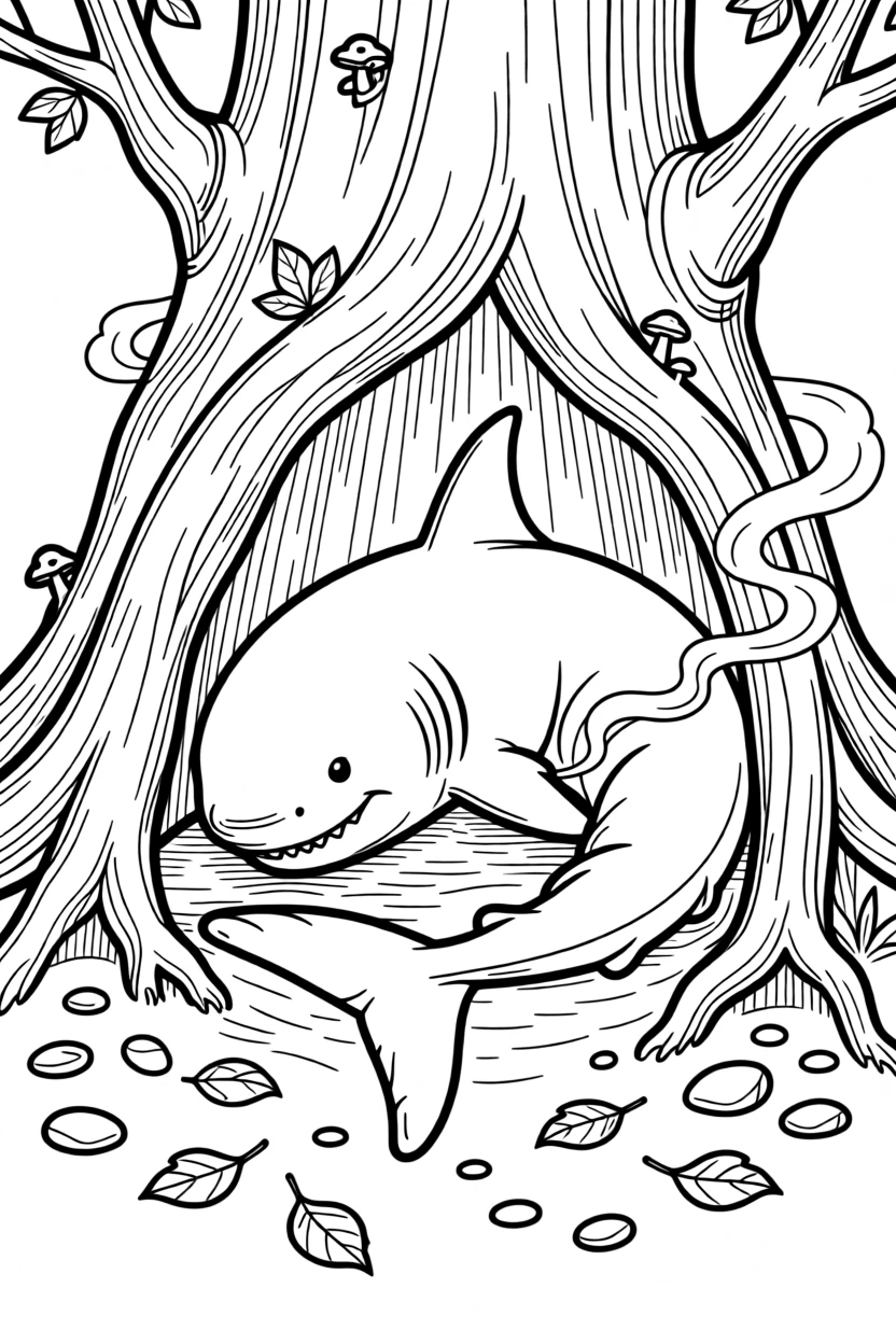A great white shark curled up in a den surrounded by roots, with mist curling around its paws.