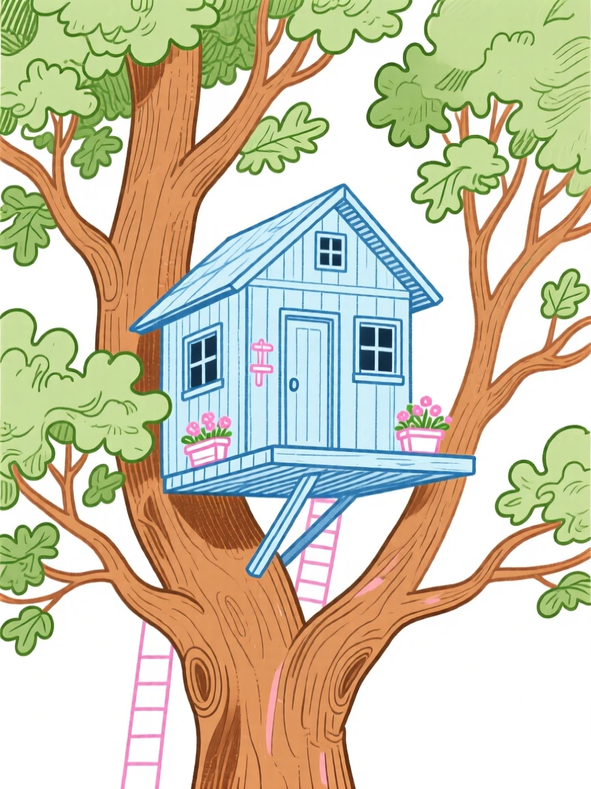 A treehouse nestled among tall oak branches.