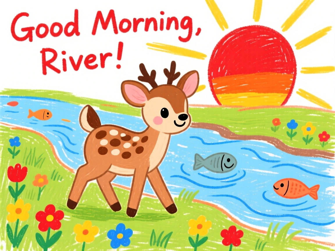 A spotted fawn waddling along a riverbank at sunrise.