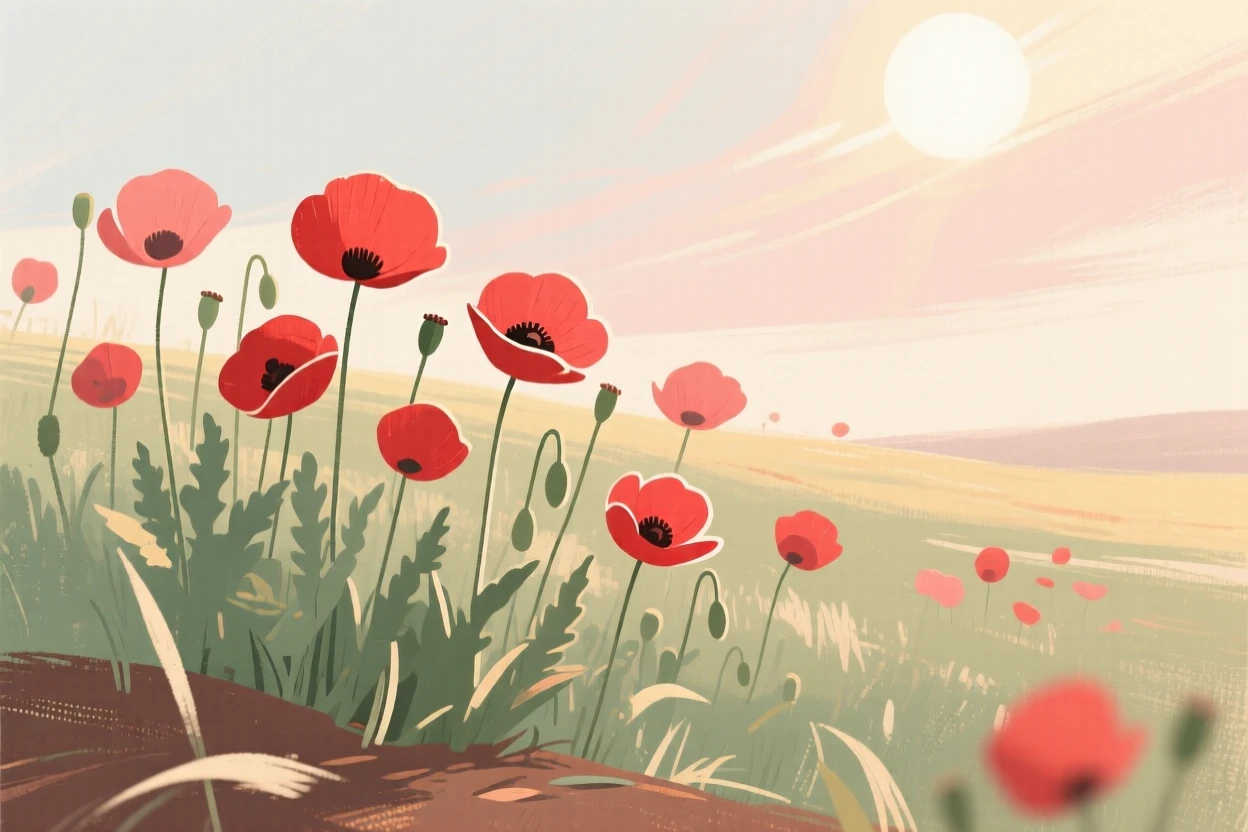 A field of red poppies swaying beneath a summer sky