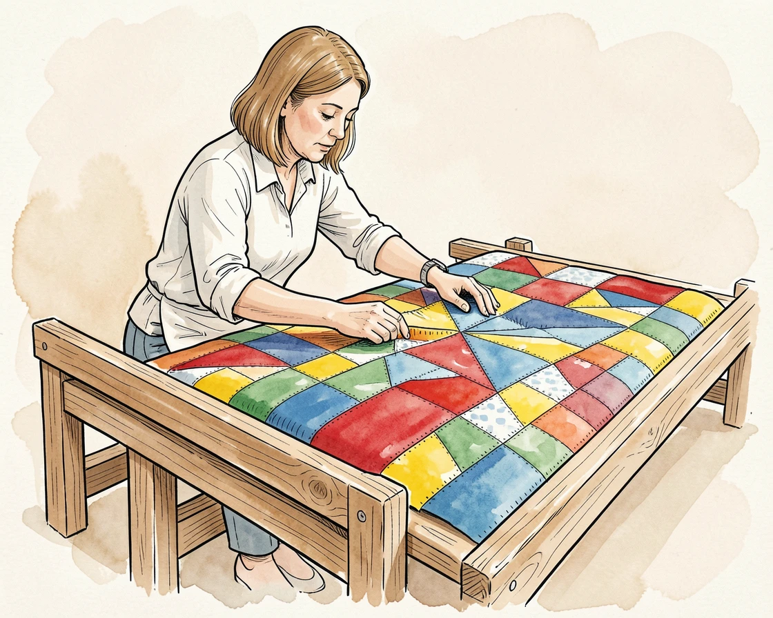 A quilter piecing together a colorful patchwork on a large wooden frame