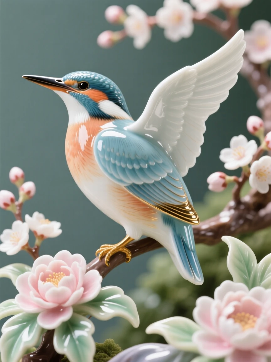 A elegant kingfisher in a blooming garden, perched with wings slightly raised.