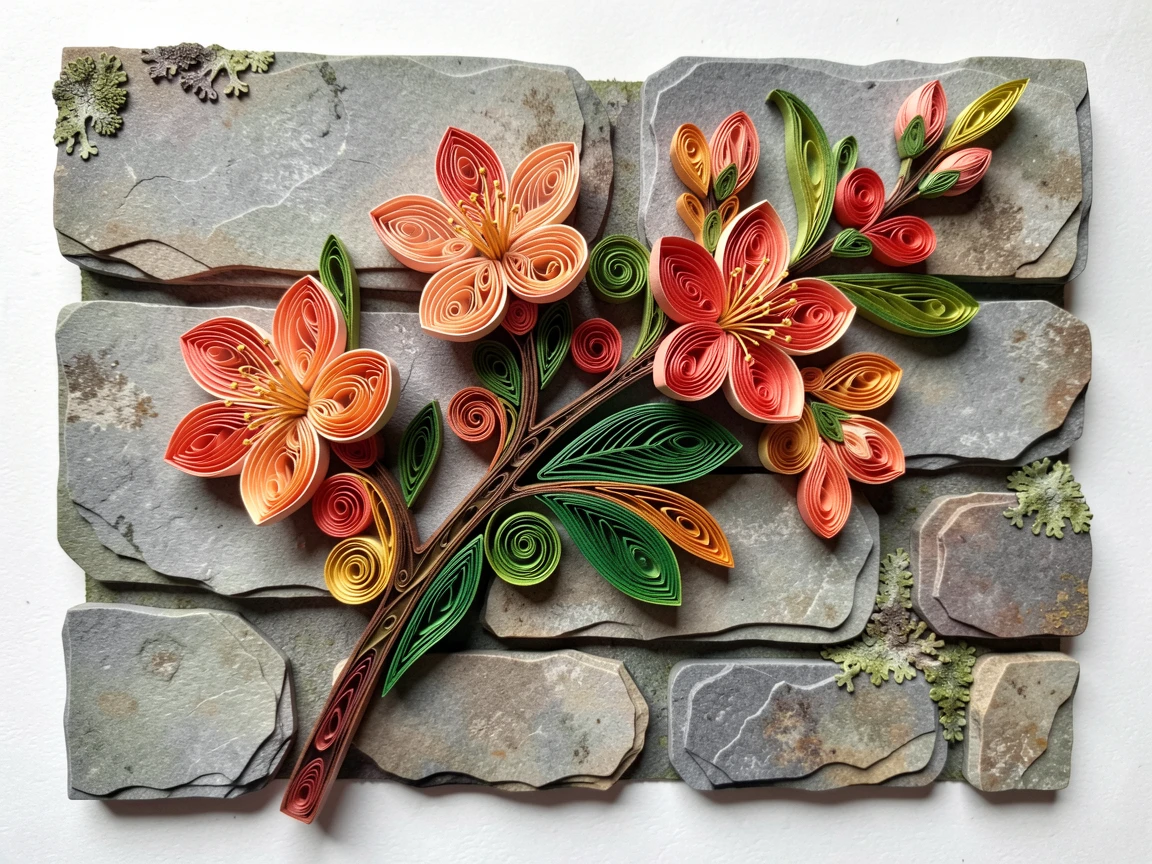 A serene botanical study of a branch of cherry blossoms in full bloom beside a weathered stone garden wall, in a rich gradient of coral, gold, and green, arranged with a single stem as the clear focal point.
