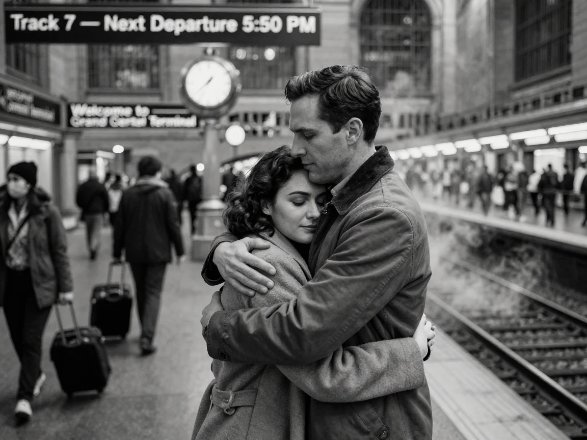 A couple embraces after a long separation at a busy train platform.