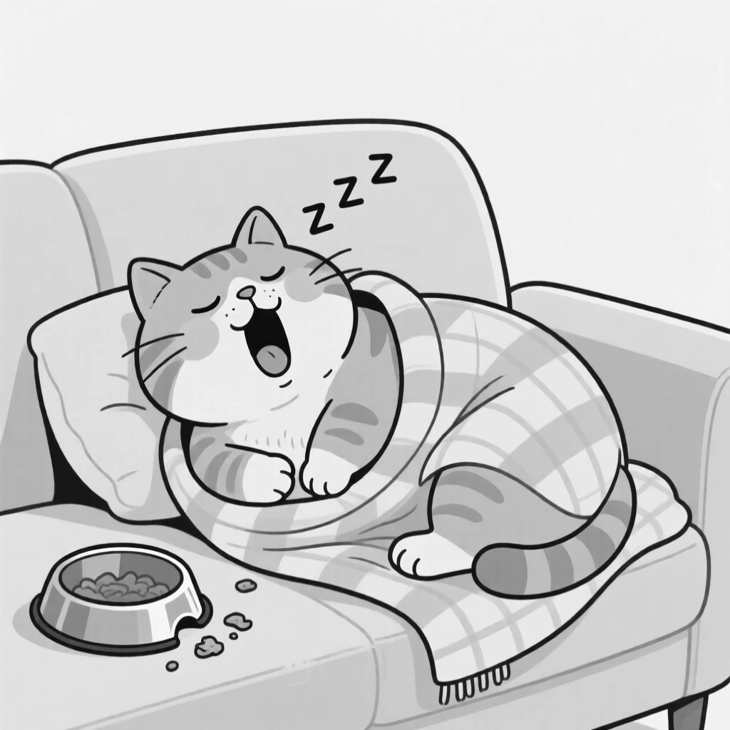 A chubby orange tabby cat mid-yawn, snoring loudly despite the awkward position, set wrapped snugly on a couch cushion. A food bowl sits tipped over and empty. The scene captures unconditional, goofy love.