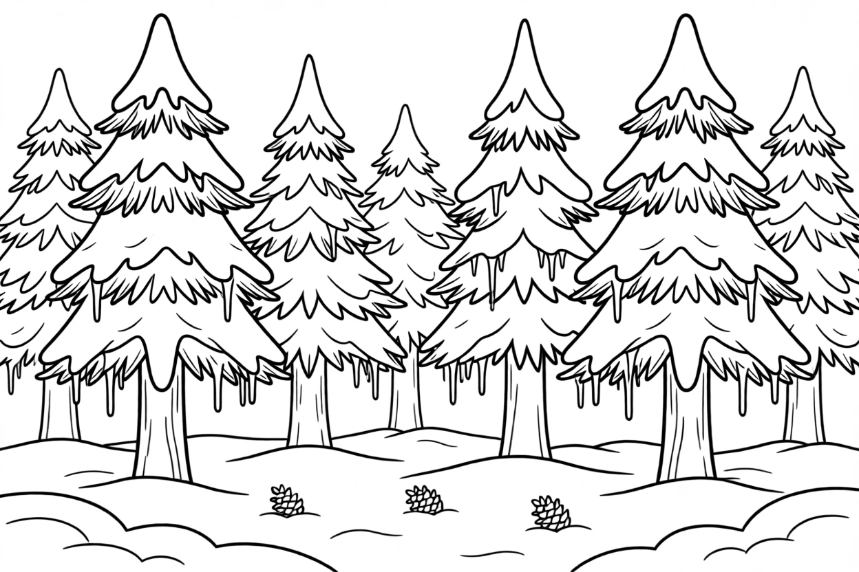 A snowy pine forest with icicles hanging from branches
