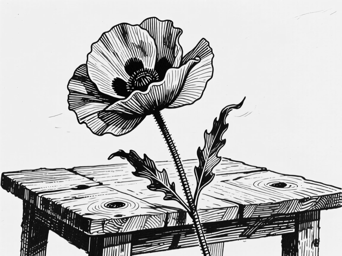 A poppy swaying in the breeze set against a rustic wooden table, with the texture of each petal richly defined, composed in a quietly elegant still-life arrangement.