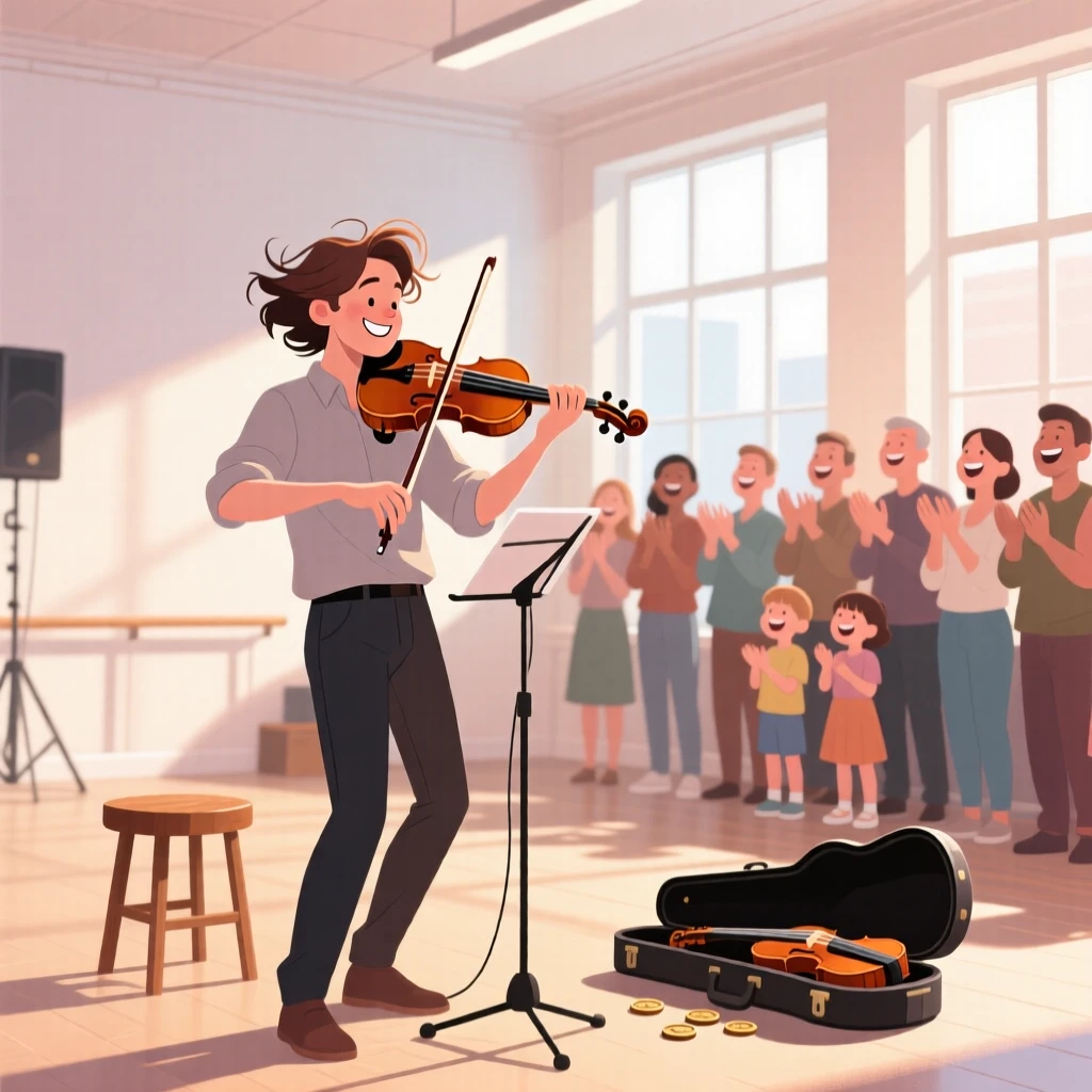 A street performer playing violin for a gathered crowd, in a bright, airy studio filled with natural light, composed with soft depth of field drawing focus to the subject, with small joyful details like flying hair or bright laughter.