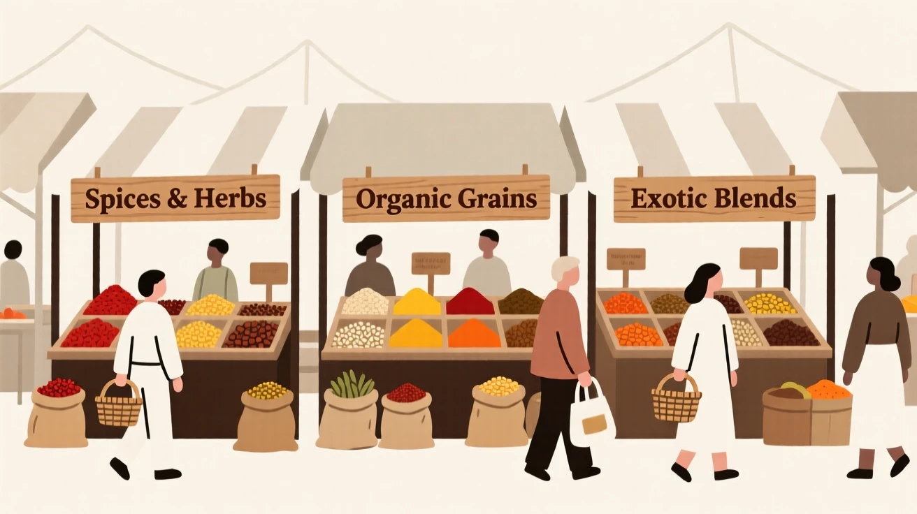A bustling farmer's market filled with stalls of fresh spices and grains.