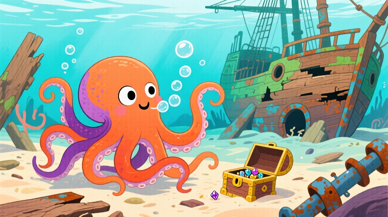 An exciting view of an octopus curiously exploring a shipwreck.