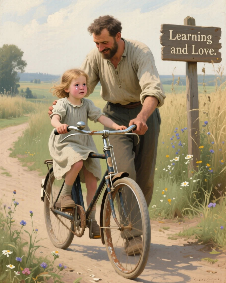 A father teaching his daughter to ride a bicycle for the first time, as a single tear or smile reveals the depth of feeling, telling a complete story through a single powerful expression