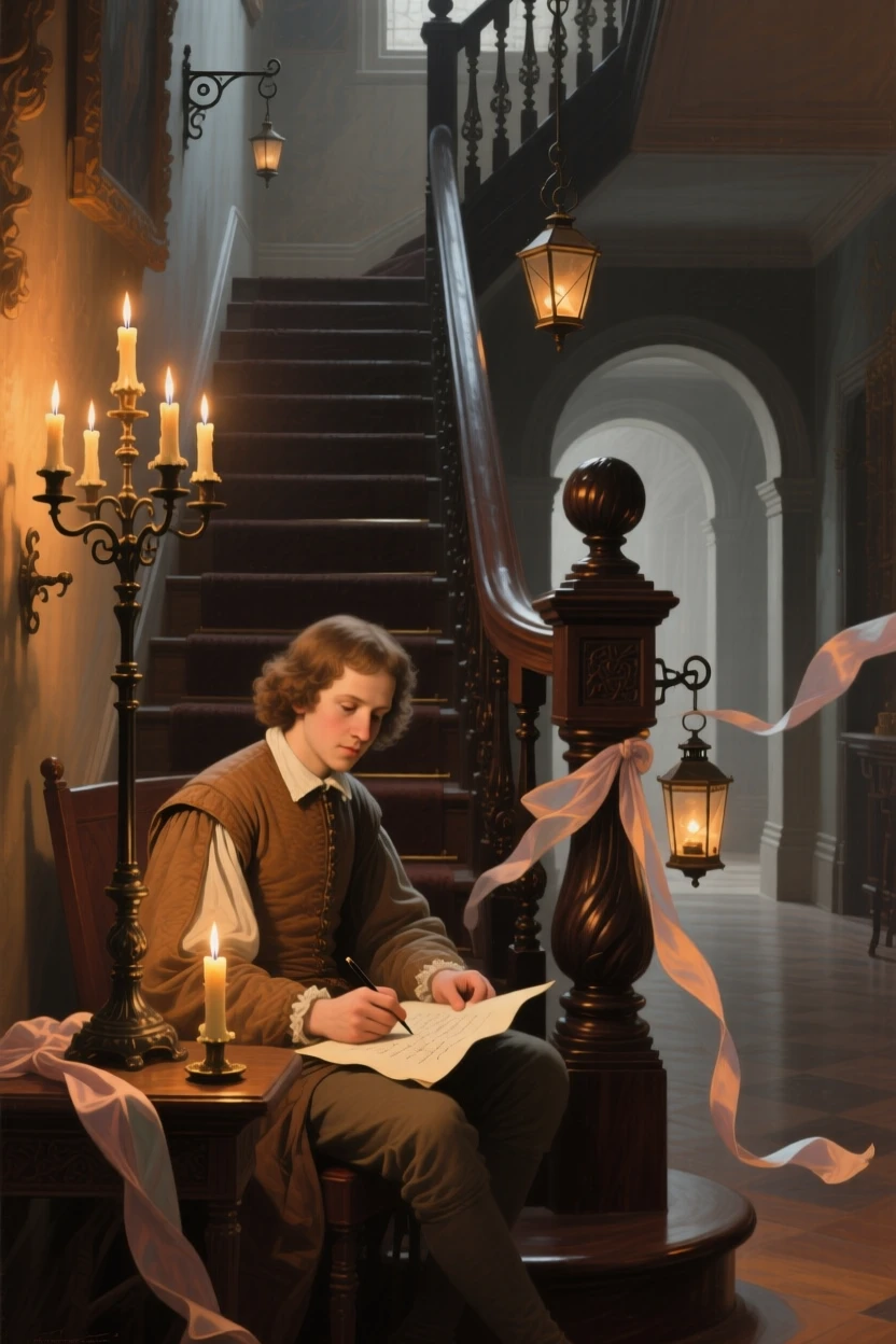 A young Shakespeare scribbling verses by candlelight at the exact moment magic and reality intertwine, set beside a grand staircase lit by flickering candelabra, with lanterns swaying gently and silk ribbons catching the breeze; receding archways create a sense of stepping into another world, suggesting the enduring power of myth and memory.