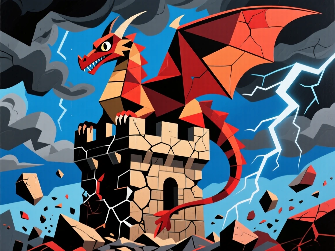 A majestic dragon perched atop a crumbling castle tower beneath a stormy sky.