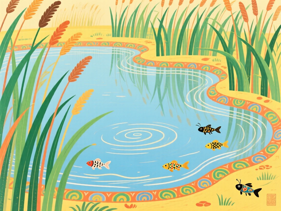 A sweeping view of a quiet pond ringed with reeds during a warm summer afternoon.