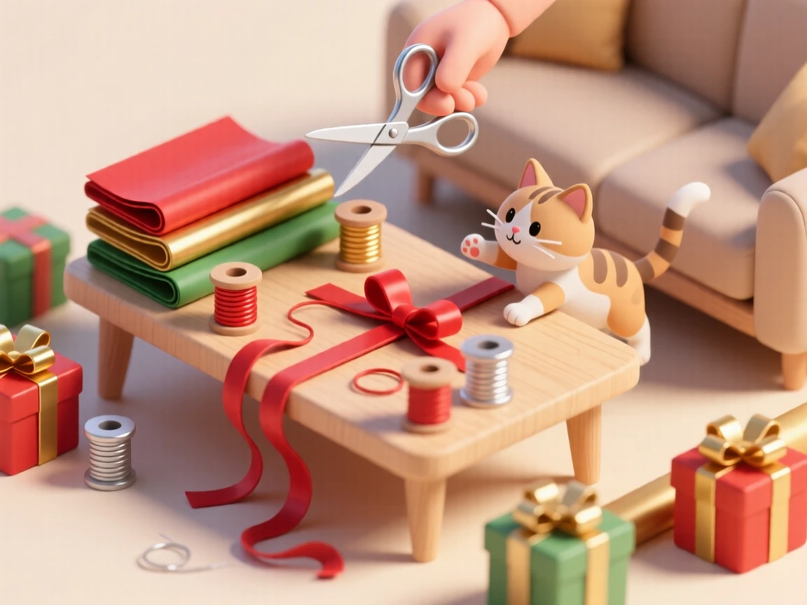 A cozy scene of wrapping presents at a coffee table, ribbons and paper scattered, scissors in hand, and a cat playing with a stray bow.