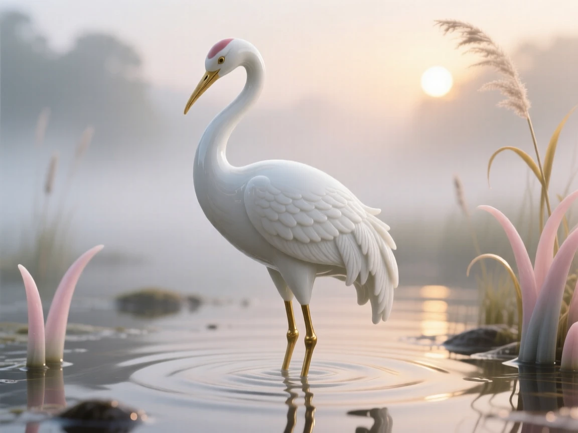 A delicate crane in a misty wetland at dawn, preening delicately in golden light.