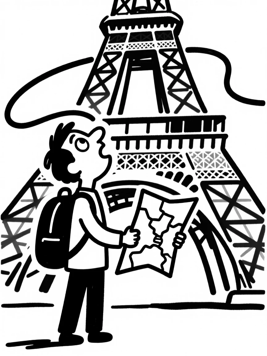 A traveler standing at the base of the Eiffel Tower, map in hand, looking up in awe.
