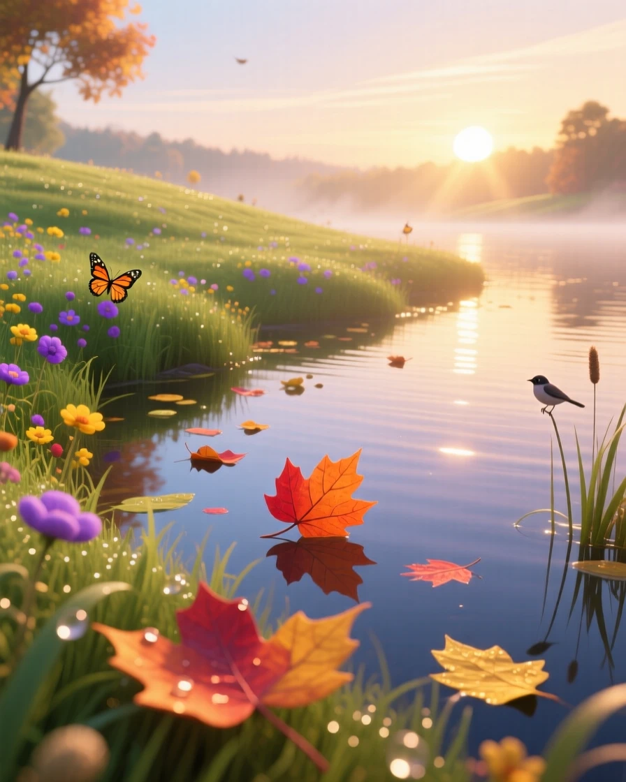 A meadow at first light glows while wind ripples gently across the surface of the water, with fallen leaves drifting slowly on the breeze. The atmosphere feels fresh, alive, and untouched.