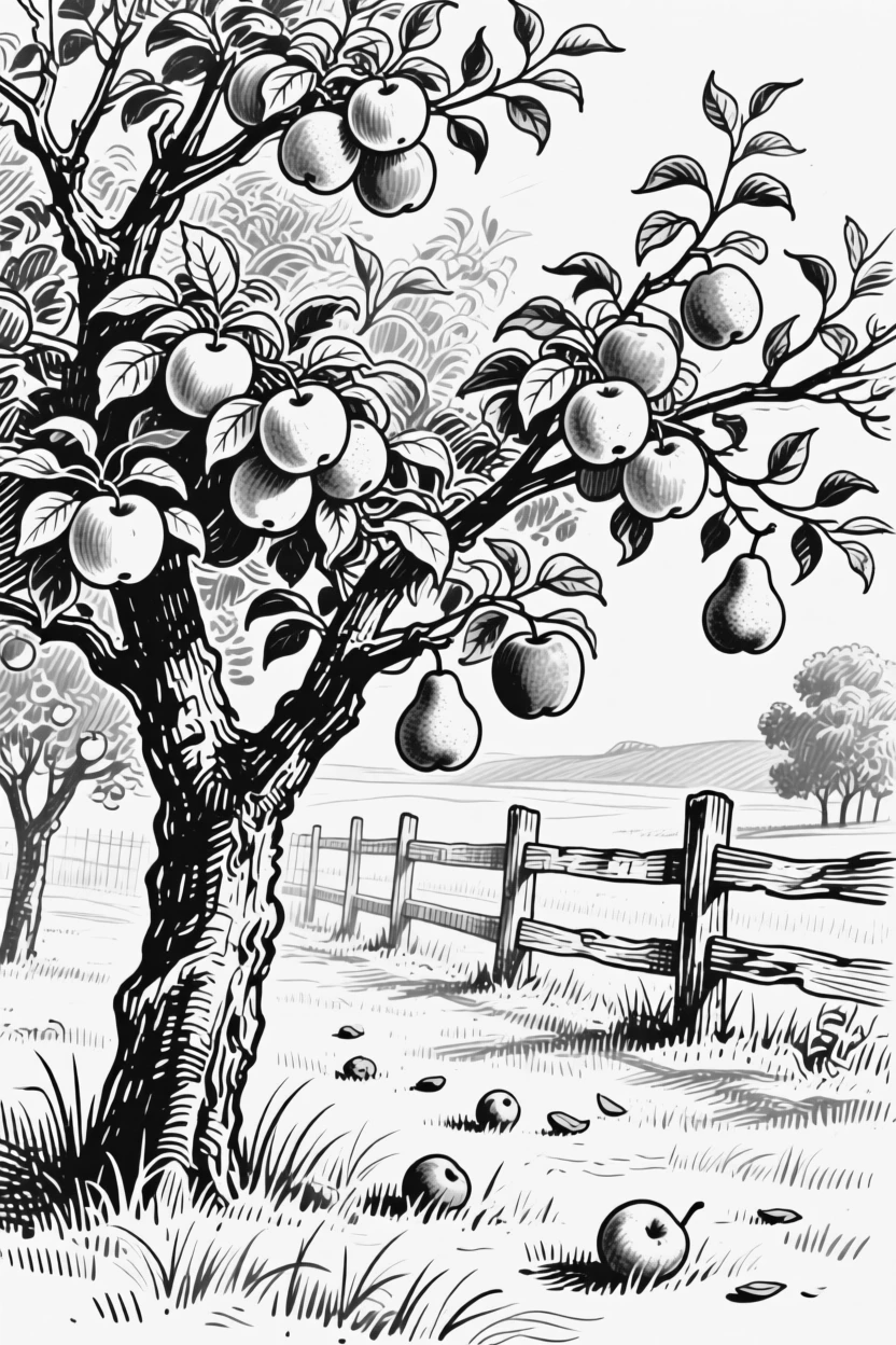 A quiet countryside orchard heavy with ripening fruit in late summer.