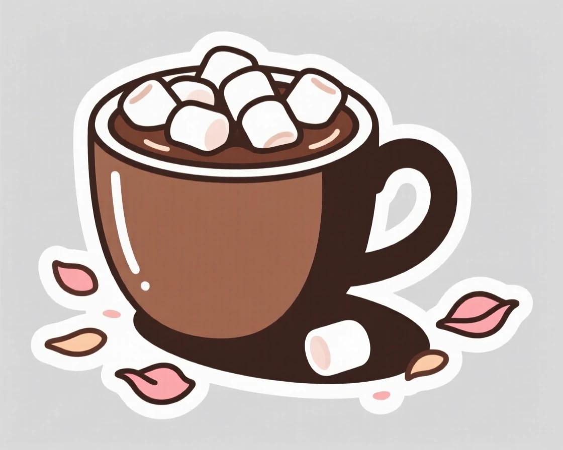 A comforting cup of hot chocolate with marshmallows, surrounded by scattered rose petals, during a peaceful weekend morning.