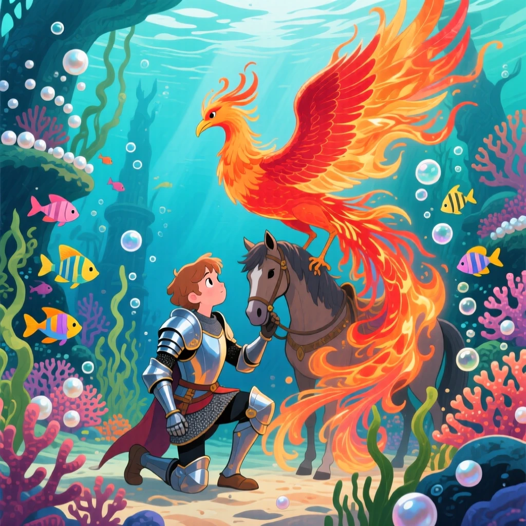 A knight and her loyal steed taming a phoenix that has just been born from flame, in an underwater kingdom of coral and pearl, evoking a sense of epic adventure and courage.