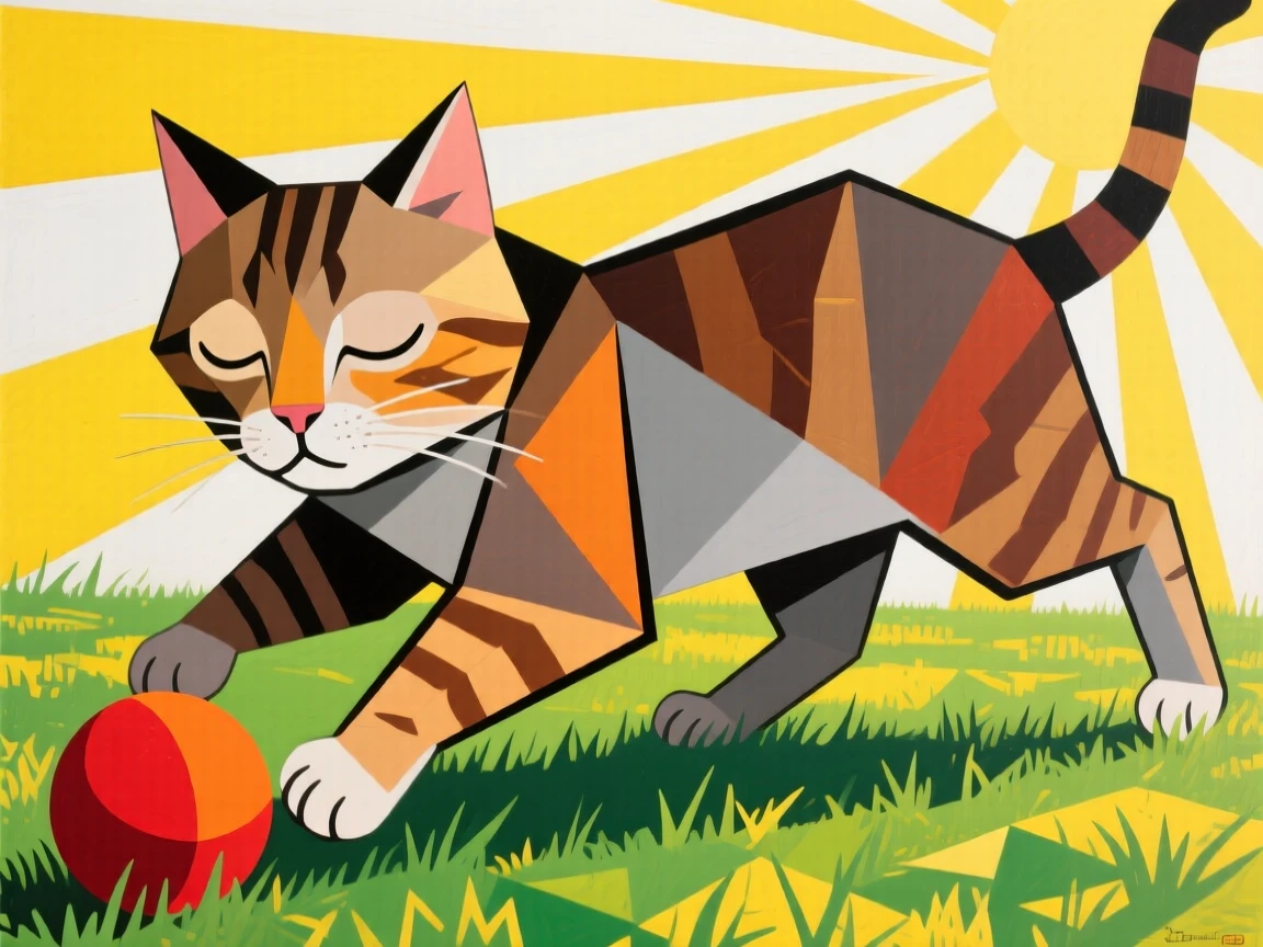 A charming close-up of a sleepy tabby cat chasing a ball across a sunlit lawn on a bright afternoon.